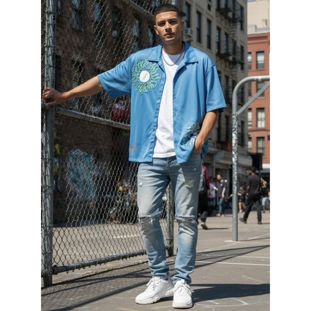 Nike 🔥Uphoria 🤑Mesh Button Up Shirt Blue Y2K Streetwear Retro Abstract-M$110